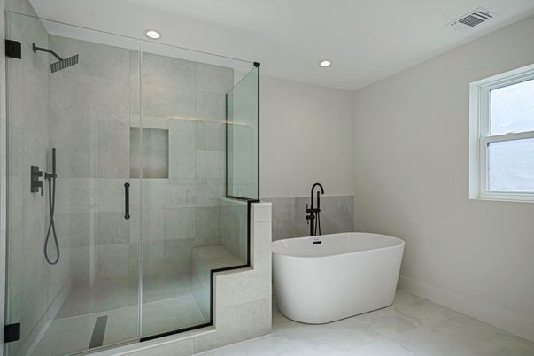 Bathroom, Free Standing Baths, Glass Shower, Interior, Recessed Lighting