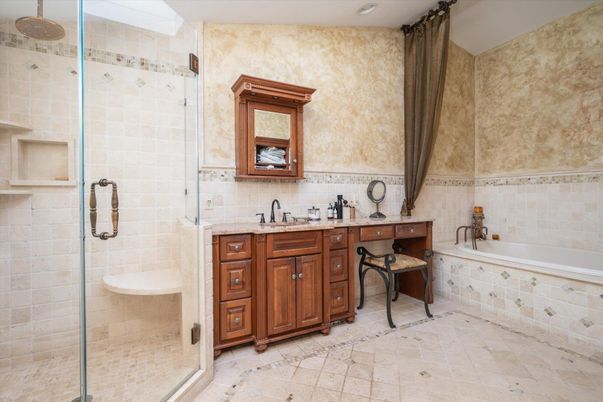 Bathroom, Glass Shower, Interior, Recessed Lighting, Stone Walls