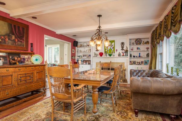 Dining room, Fireplace, Interior, Pendant Lights, Wood Texture Flooring
