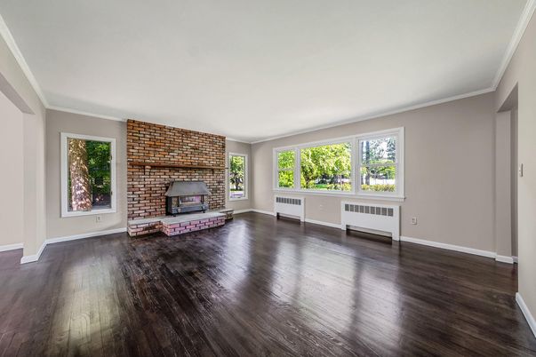 Empty room, Fireplace, Interior, Stone Walls, Wood Texture Flooring