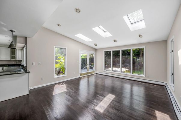 Empty room, Interior, Kitchen, Pendant Lights, Recessed Lighting, Wood Texture Flooring