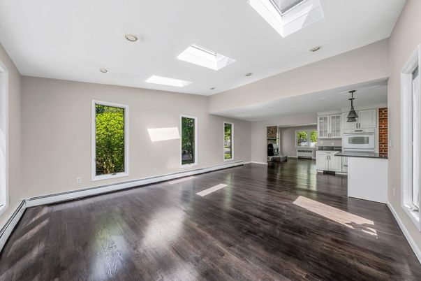 Empty room, Interior, Kitchen, Pendant Lights, Recessed Lighting, Wood Texture Flooring