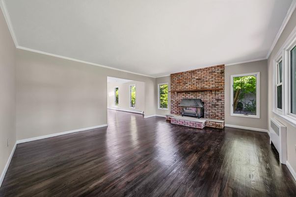 Empty room, Fireplace, Interior, Stone Walls, Wood Texture Flooring
