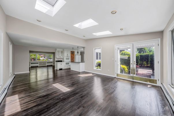 Empty room, Interior, Kitchen, Recessed Lighting, Wood Texture Flooring