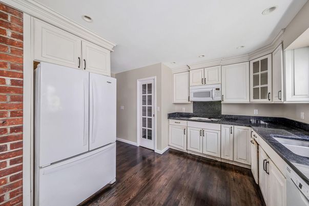Interior, Kitchen, Recessed Lighting, Stone Walls, Wood Texture Flooring