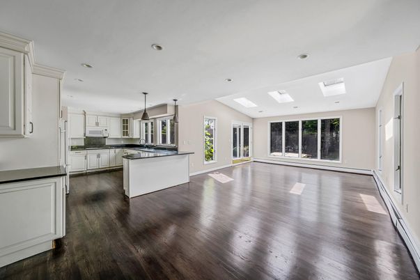 Empty room, Interior, Kitchen, Pendant Lights, Recessed Lighting, Wood Texture Flooring
