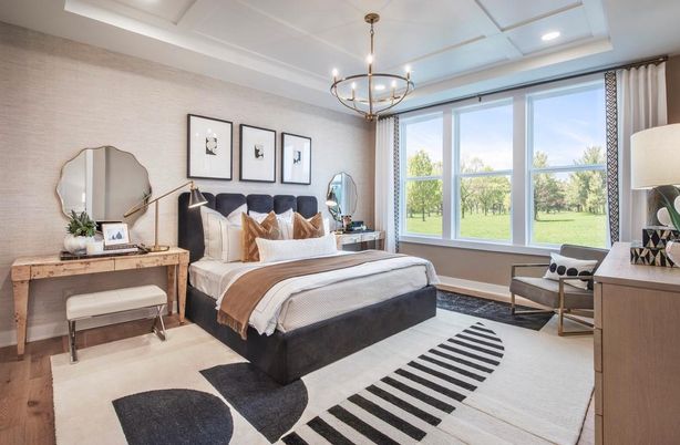 Bedroom, Chandelier, Interior, Recessed Lighting, Wood Texture Flooring
