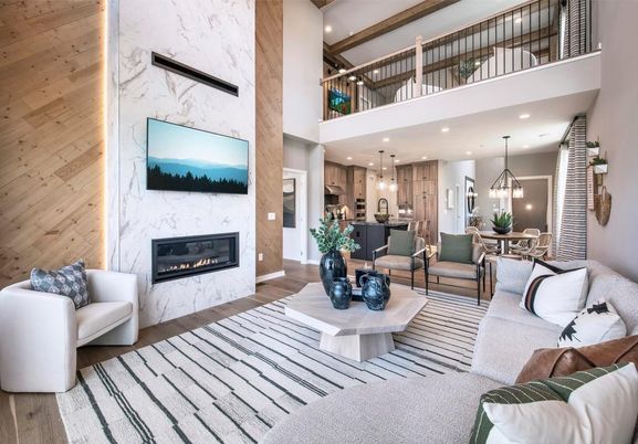 Dining room, Fireplace, Interior, Kitchen, Living room, Marble Walls, Pendant Lights, Recessed Lighting, Wood Texture Flooring