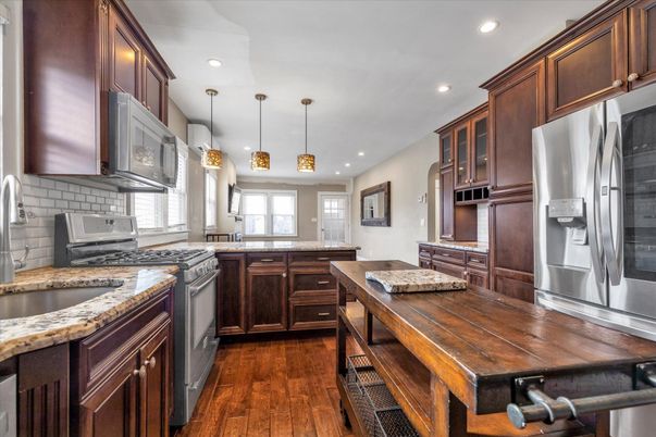Interior, Kitchen, Pendant Lights, Recessed Lighting, Stainless Steel Appliances, Wood Texture Flooring