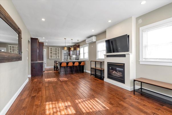 Fireplace, Interior, Kitchen, Pendant Lights, Recessed Lighting, Wood Texture Flooring