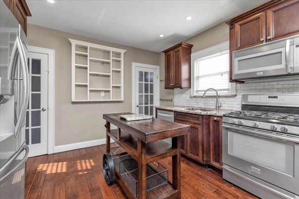 Interior, Kitchen, Recessed Lighting, Stainless Steel Appliances, Wood Texture Flooring