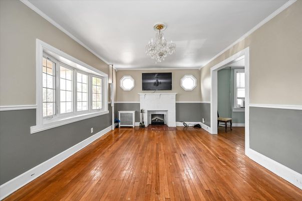 Chandelier, Empty room, Fireplace, Interior, Wood Texture Flooring