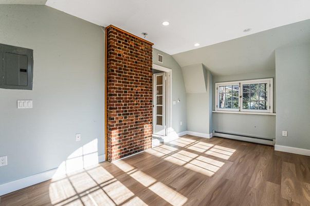 Empty room, Interior, Recessed Lighting, Stone Walls, Wood Texture Flooring