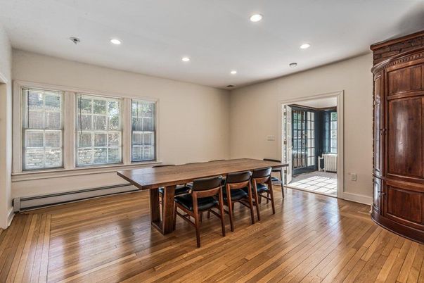 Dining room, Interior, Recessed Lighting, Wood Texture Flooring