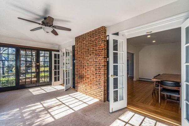Empty room, Interior, Recessed Lighting, Stone Walls, Wood Texture Flooring