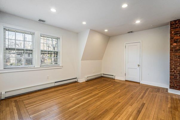 Empty room, Interior, Recessed Lighting, Stone Walls, Wood Texture Flooring