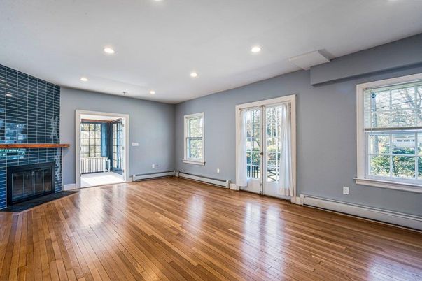 Empty room, Fireplace, Interior, Recessed Lighting, Wood Texture Flooring
