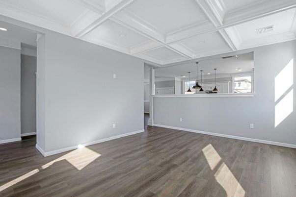 Empty room, Interior, Kitchen, Pendant Lights, Recessed Lighting, Wood Texture Flooring
