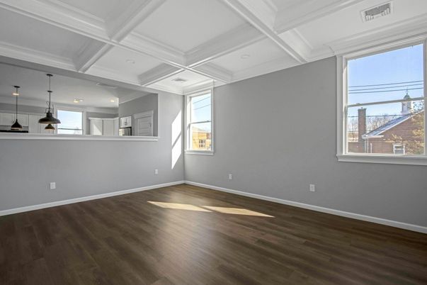 Empty room, Interior, Pendant Lights, Recessed Lighting, Wood Texture Flooring