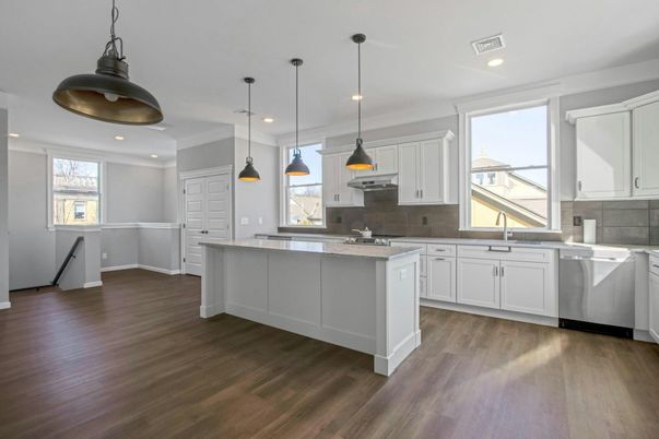 Interior, Kitchen, Pendant Lights, Recessed Lighting, Stainless Steel Appliances, Wood Texture Flooring