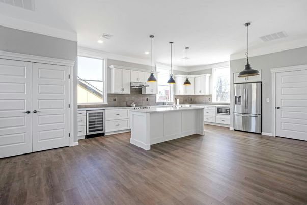 Interior, Kitchen, Pendant Lights, Recessed Lighting, Stainless Steel Appliances, Wood Texture Flooring