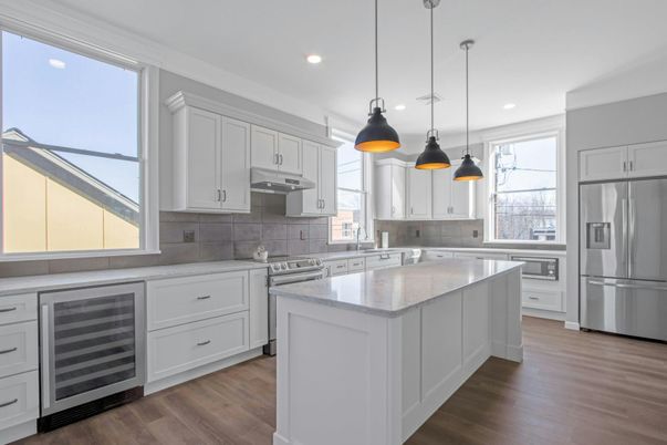 Interior, Kitchen, Pendant Lights, Recessed Lighting, Stainless Steel Appliances, Wood Texture Flooring