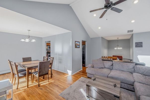 Dining room, Interior, Living room, Pendant Lights, Recessed Lighting, Wood Texture Flooring
