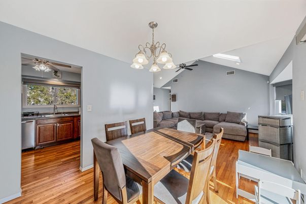 Chandelier, Dining room, Interior, Kitchen, Living room, Wood Texture Flooring