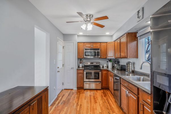 Interior, Kitchen, Recessed Lighting, Stainless Steel Appliances, Wood Texture Flooring