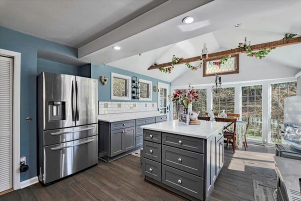 Dining room, Interior, Kitchen, Recessed Lighting, Stainless Steel Appliances, Wooden Beams, Wood Texture Flooring