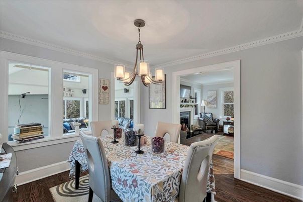 Dining room, Fireplace, Interior, Wood Texture Flooring