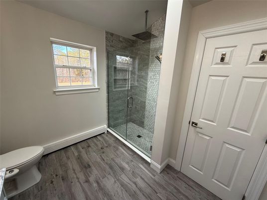 Bathroom, Glass Shower, Interior, Wood Texture Flooring