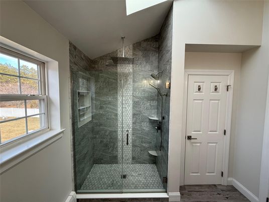 Bathroom, Glass Shower, Interior, Wood Texture Flooring