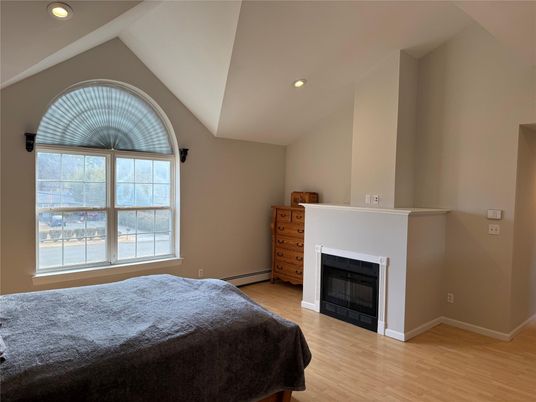Bedroom, Fireplace, Interior, Recessed Lighting, Wood Texture Flooring