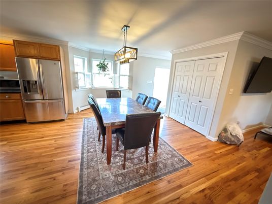 Dining room, Interior, Kitchen, Pendant Lights, Stainless Steel Appliances, Wood Texture Flooring