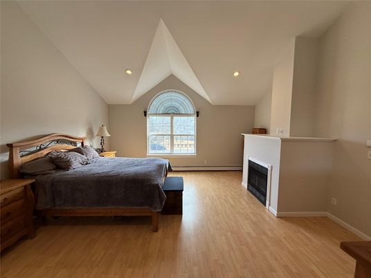 Bedroom, Fireplace, Interior, Recessed Lighting, Wood Texture Flooring