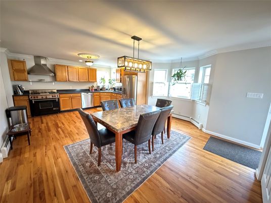 Dining room, Interior, Kitchen, Pendant Lights, Stainless Steel Appliances, Wood Texture Flooring