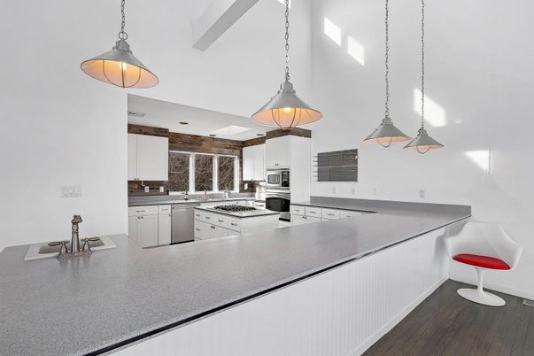 Interior, Kitchen, Pendant Lights, Stainless Steel Appliances, Wood Texture Flooring