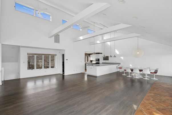 Dining room, Interior, Kitchen, Pendant Lights, Recessed Lighting, Stainless Steel Appliances, Wood Texture Flooring