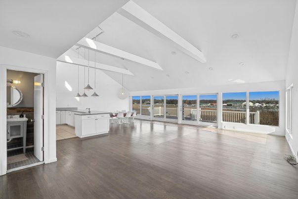 Empty room, Interior, Kitchen, Pendant Lights, Wood Texture Flooring