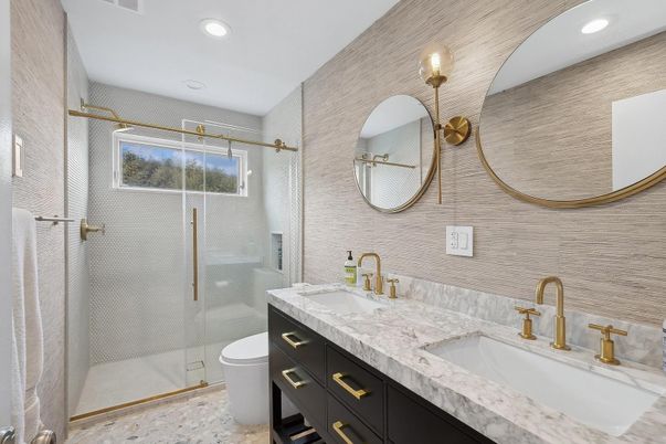 Bathroom, Dual Sink Vanities, Glass Shower, Interior, Recessed Lighting
