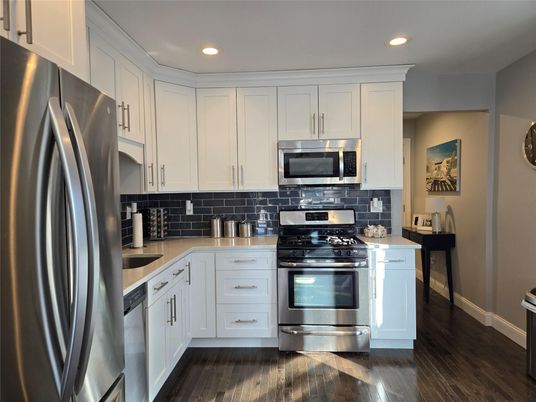 Interior, Kitchen, Recessed Lighting, Stainless Steel Appliances, Wood Texture Flooring