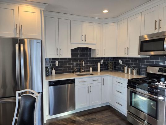 Interior, Kitchen, Recessed Lighting, Stainless Steel Appliances, Wood Texture Flooring