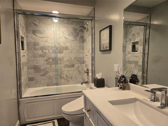 Bathroom, Glass Shower, Interior, Marble Walls, Recessed Lighting