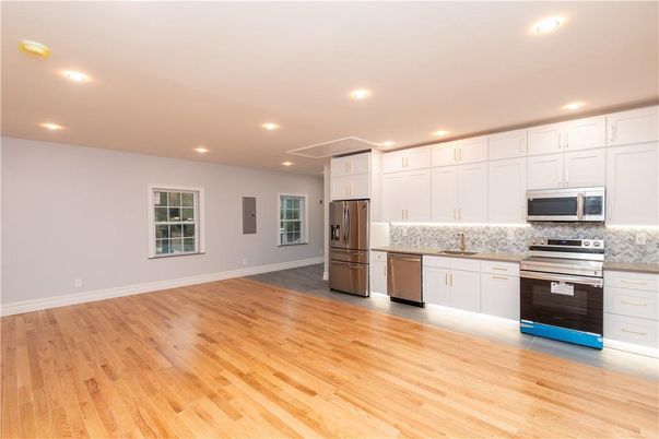 Interior, Kitchen, Recessed Lighting, Stainless Steel Appliances, Wood Texture Flooring