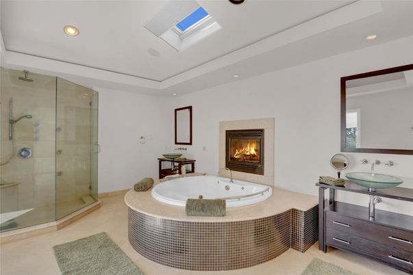 Bathroom, Fireplace, Glass Shower, Interior, Recessed Lighting