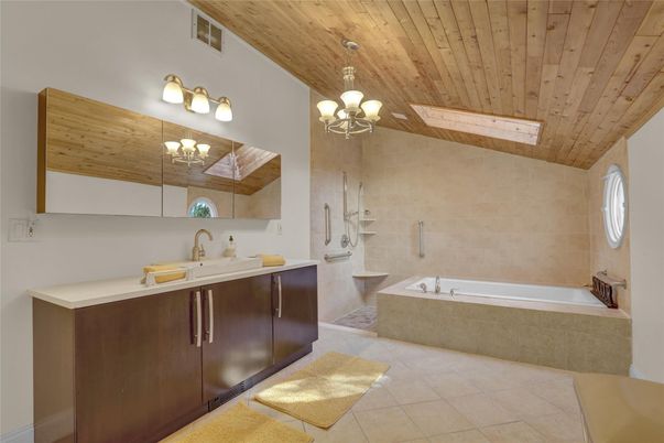 Bathroom, Chandelier, Dual Sink Vanities, Interior, Wooden Ceilings