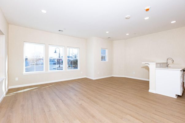Empty room, Interior, Kitchen, Recessed Lighting, Wood Texture Flooring