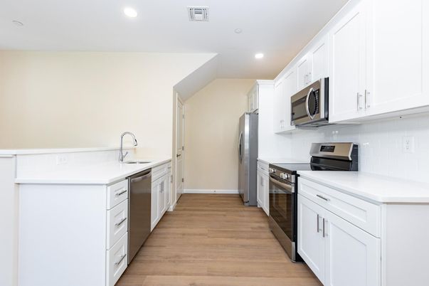 Interior, Kitchen, Recessed Lighting, Stainless Steel Appliances, Wood Texture Flooring