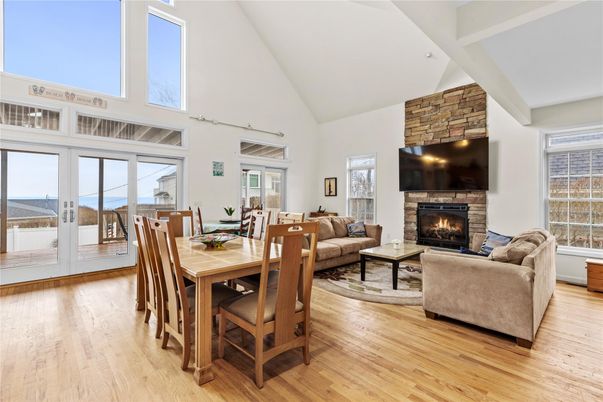 Dining room, Fireplace, Interior, Living room, Wood Texture Flooring
